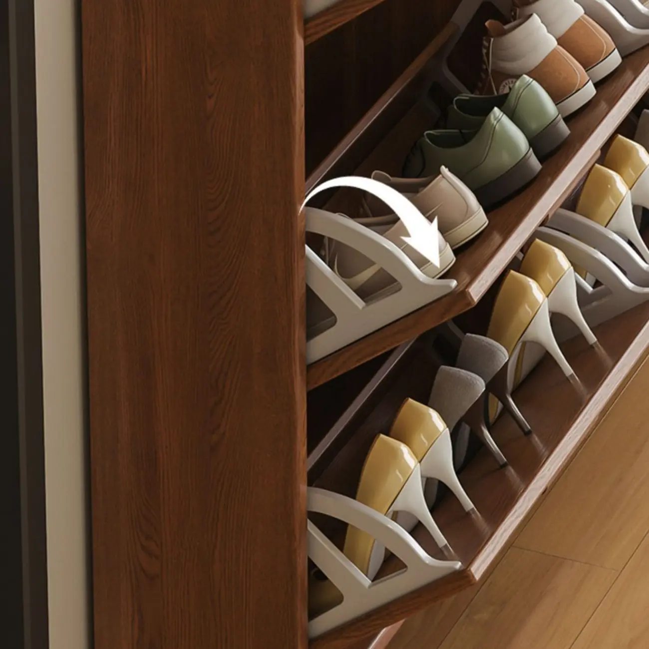 Traditional Hidden Adjustable 3 Tiers Solid Wood Shoe Cabinet Image - 7 | homeyfad
