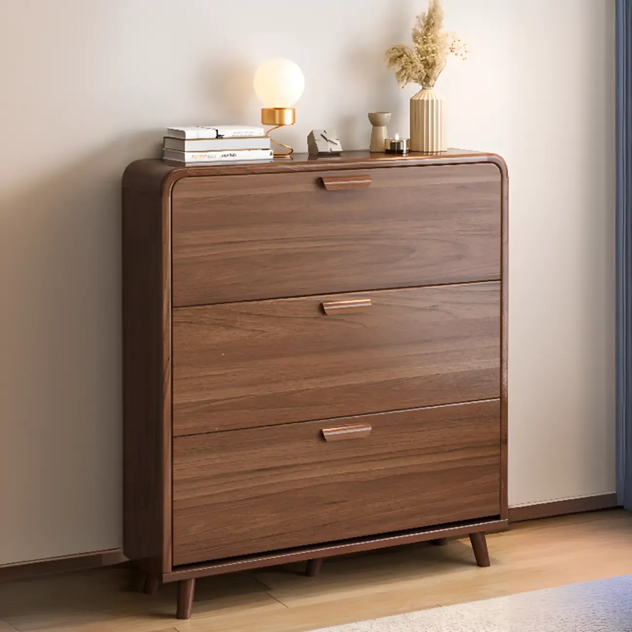 Traditional Hidden Adjustable 3 Tiers Solid Wood Shoe Cabinet Image - 10