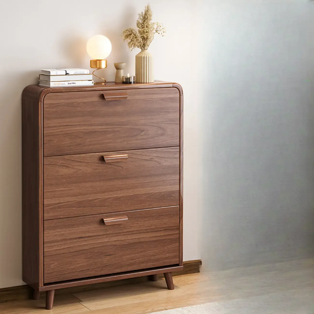 Traditional Hidden Adjustable 3 Tiers Solid Wood Shoe Cabinet Image - 14