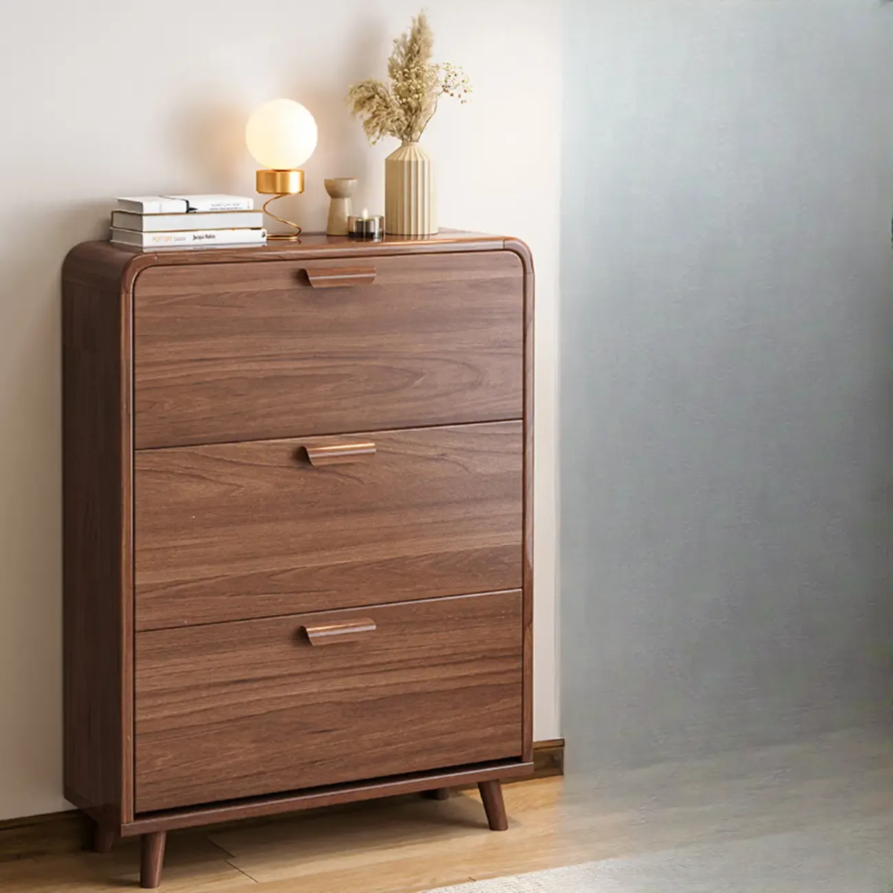 Traditional Hidden Adjustable 3 Tiers Solid Wood Shoe Cabinet Image - 18