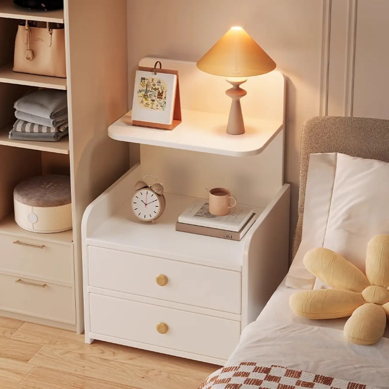 Modern Wooden Three-layer Bedside Table with Lamp Shelf Image - 1 | homeyfad