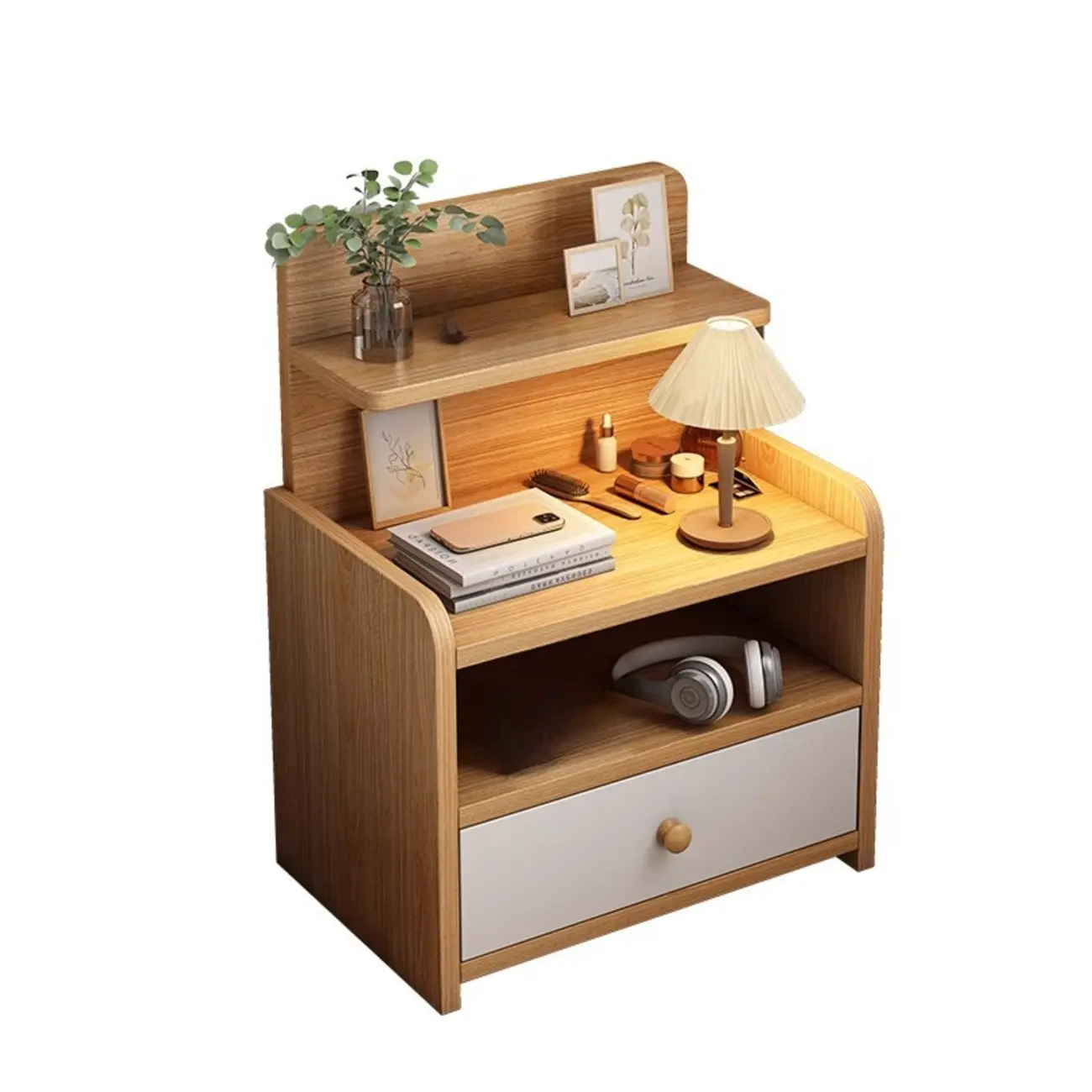 Modern Wooden Three-layer Bedside Table with Lamp Shelf Image - 12 | homeyfad