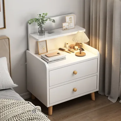 Modern Wooden Three-layer Bedside Table with Lamp Shelf Image - 2