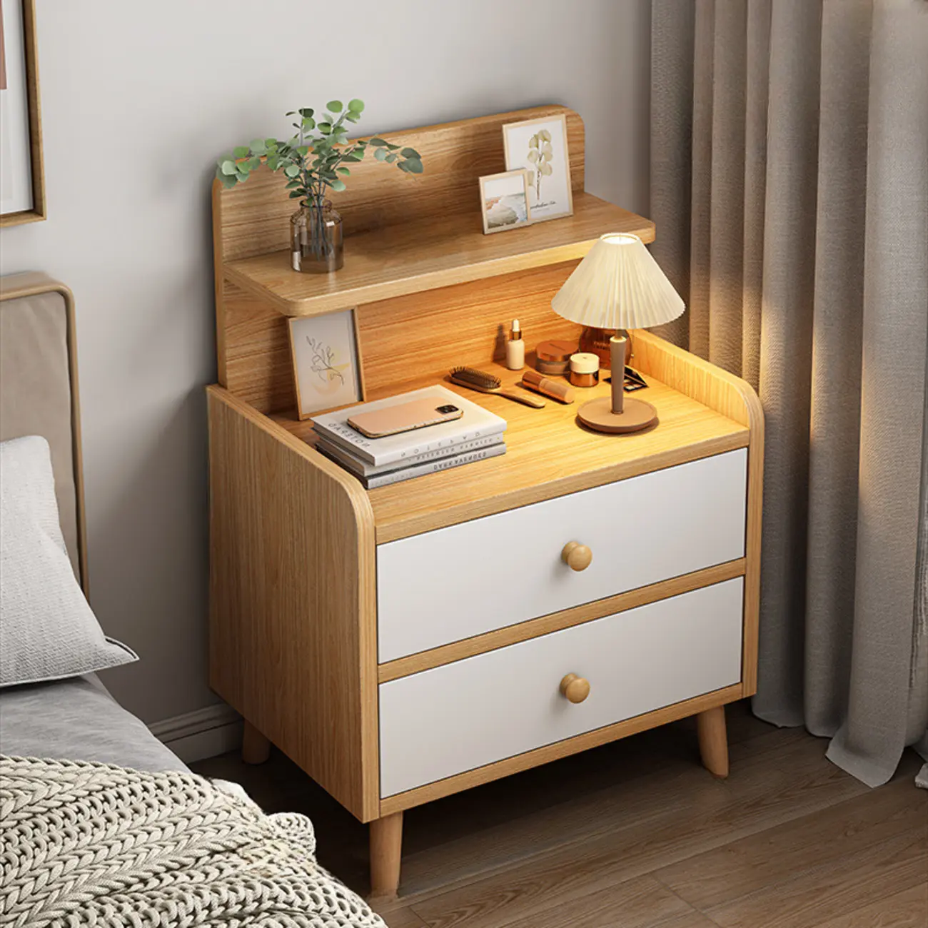 Modern Wooden Three-layer Bedside Table with Lamp Shelf Image - 3 | homeyfad