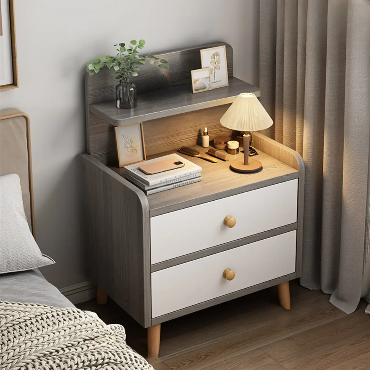 Modern Wooden Three-layer Bedside Table with Lamp Shelf Image - 5