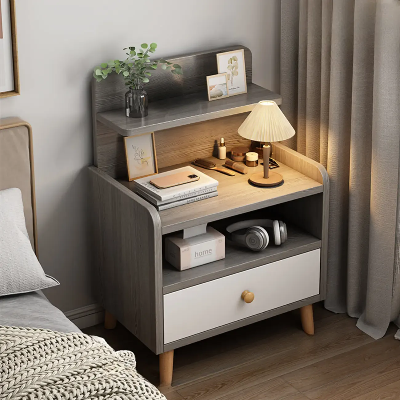Modern Wooden Three-layer Bedside Table with Lamp Shelf Image - 9