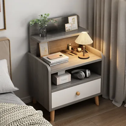 Modern Wooden Three-layer Bedside Table with Lamp Shelf Image - 9