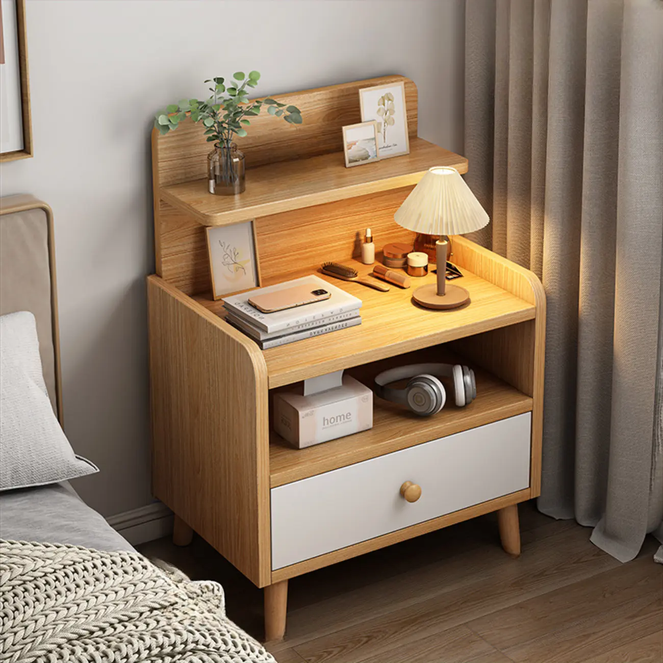 Modern Wooden Three-layer Bedside Table with Lamp Shelf Image - 7 | homeyfad