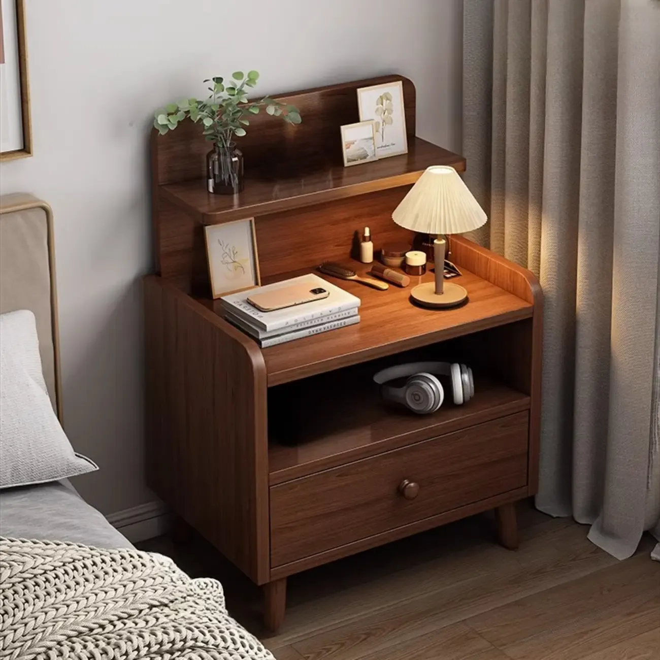Modern Wooden Three-layer Bedside Table with Lamp Shelf Image - 8