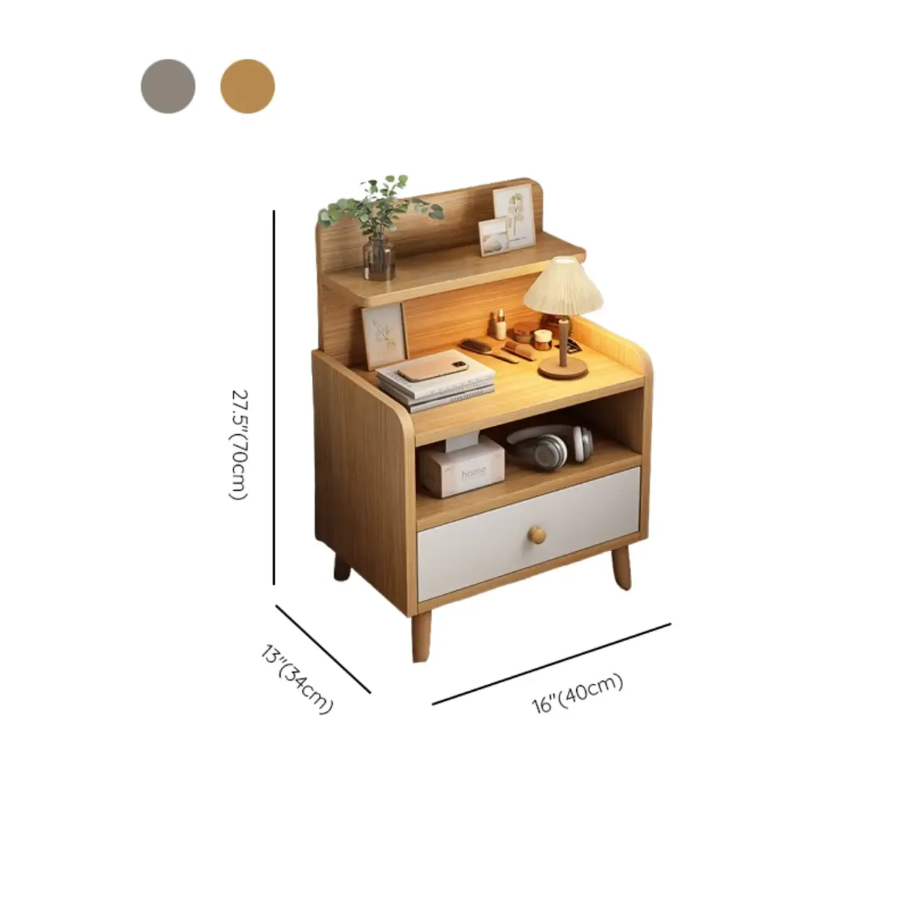 Modern Wooden Three-layer Bedside Table with Lamp Shelf Image - 18