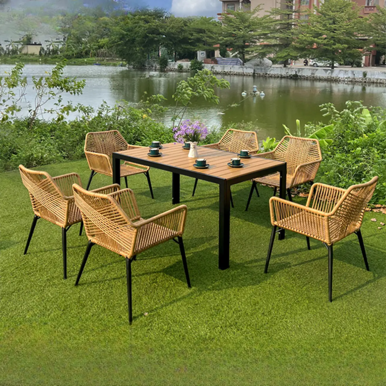 6 Seats Wood Rectagular Patio Dining Set Ratten Armchair Image - 1 | homeyfad