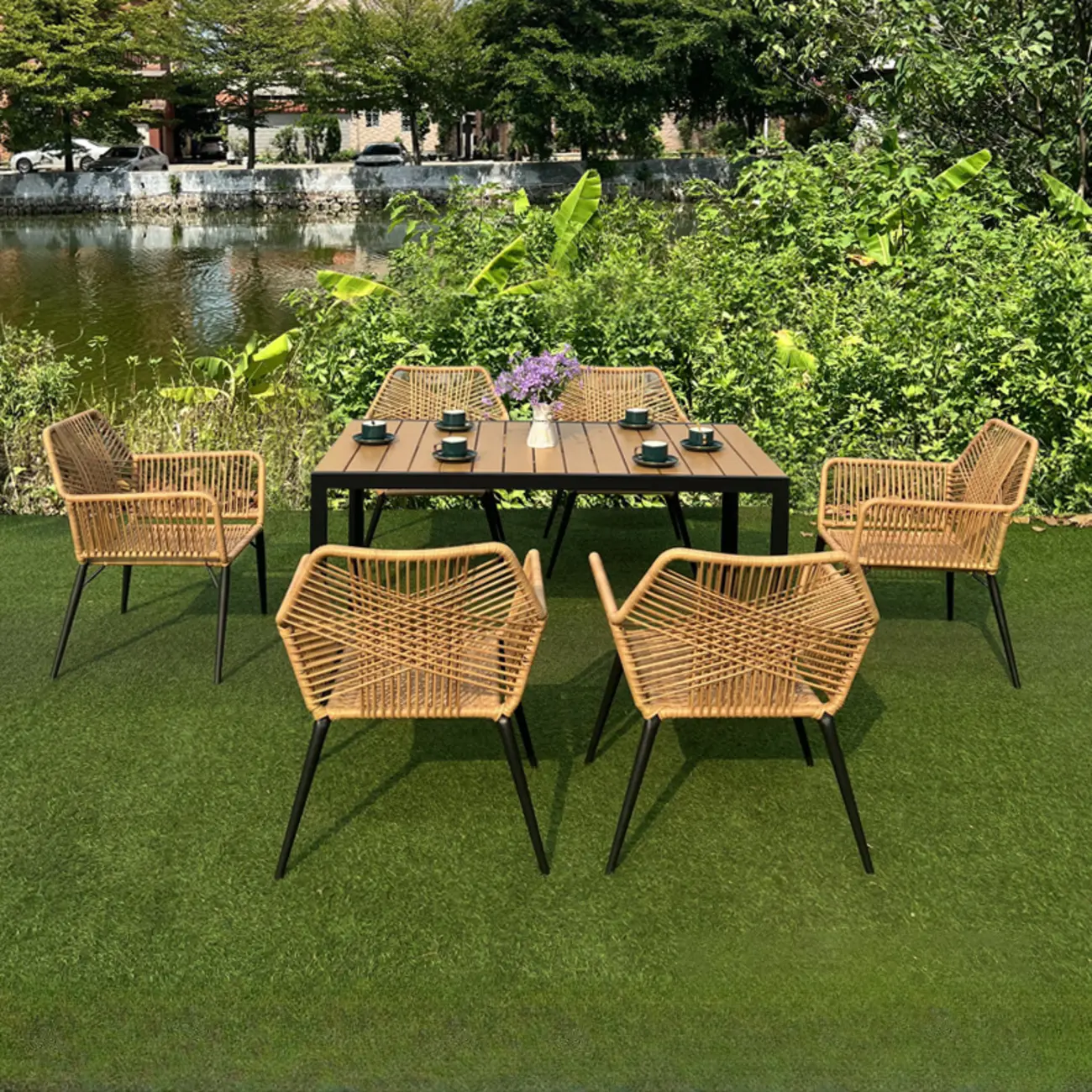 6 Seats Wood Rectagular Patio Dining Set Ratten Armchair Image - 2 | homeyfad
