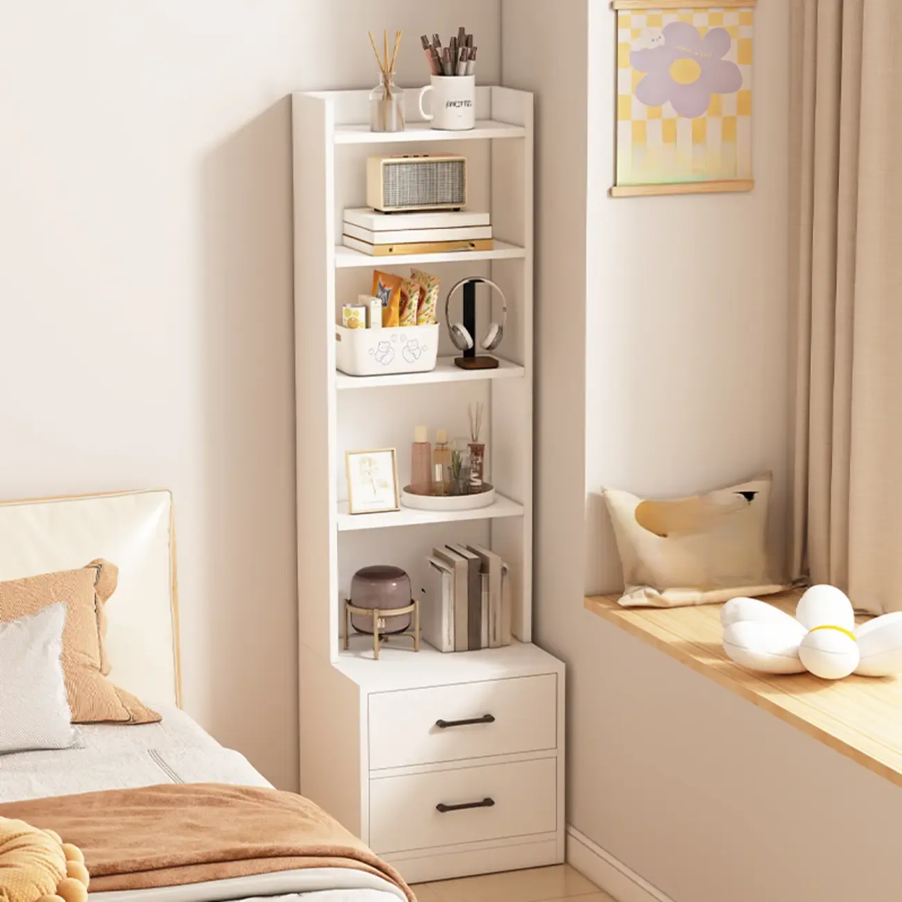 Multi-functional Wooden 5-Shelf Closed Back White Bookcase Image - 1