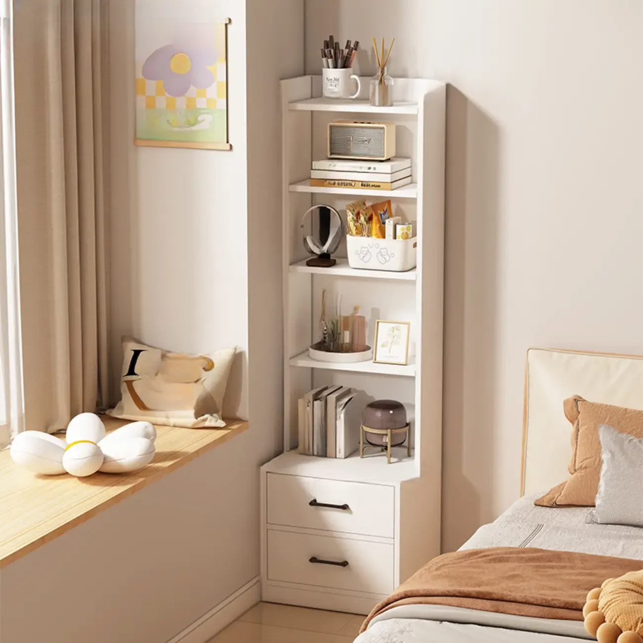 Multi-functional Wooden 5-Shelf Closed Back White Bookcase Image - 4