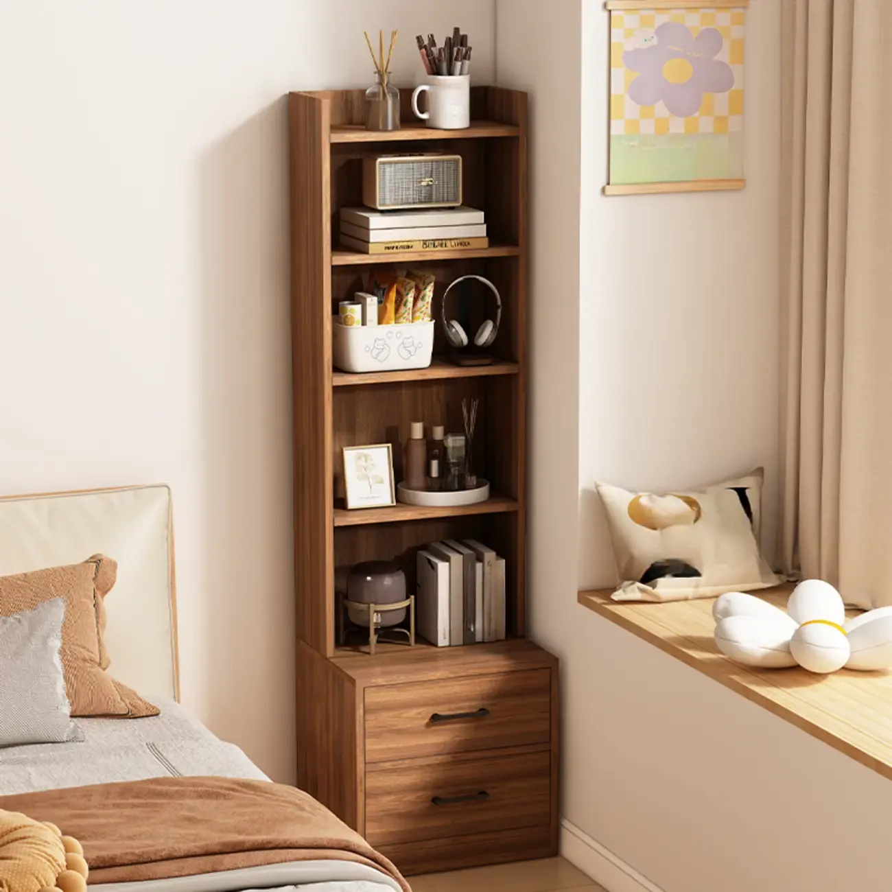 Multi-functional Wooden 5-Shelf Closed Back White Bookcase Image - 6