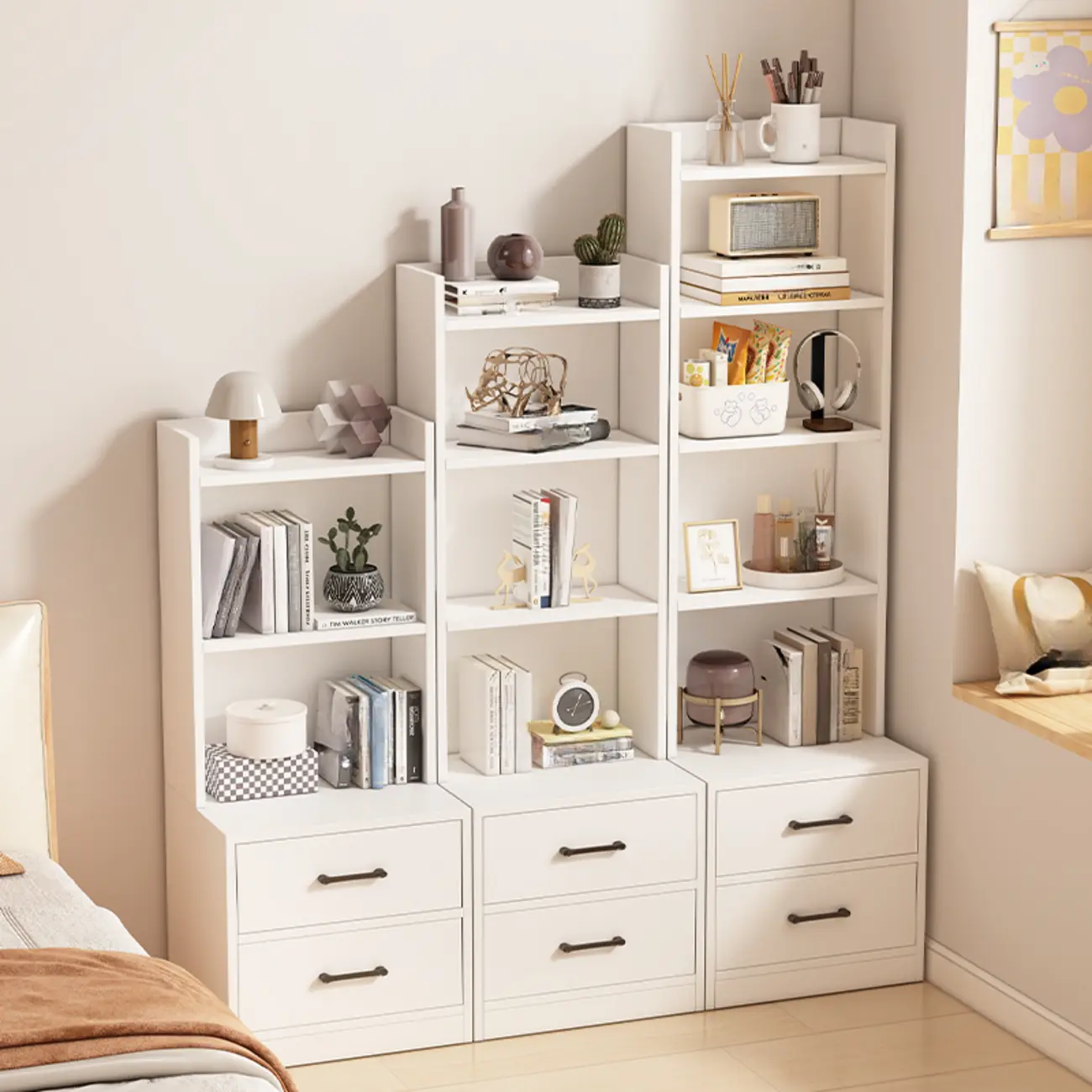 Multi-functional Wooden 5-Shelf Closed Back White Bookcase Image - 7 | homeyfad