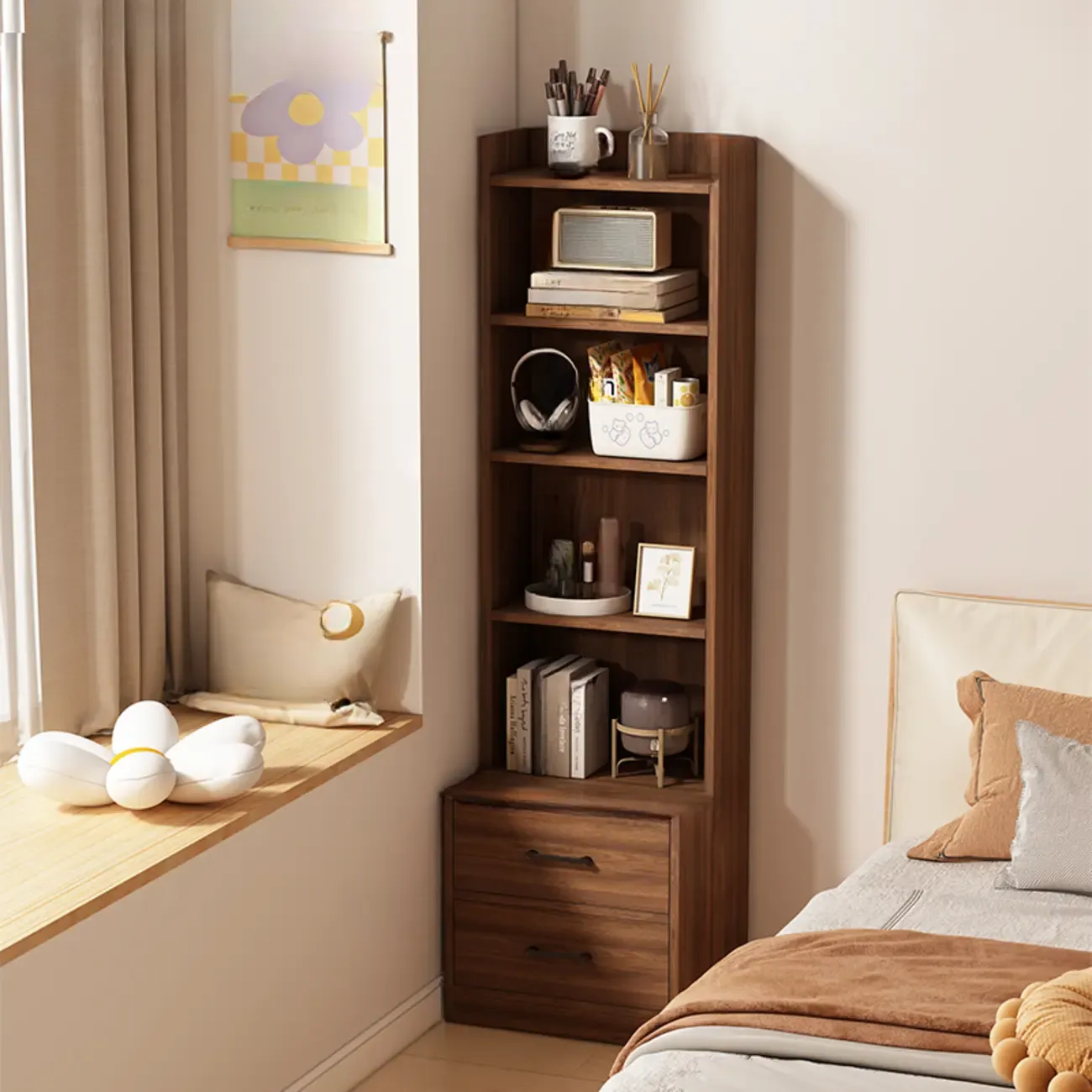 Multi-functional Wooden 5-Shelf Closed Back White Bookcase Image - 8