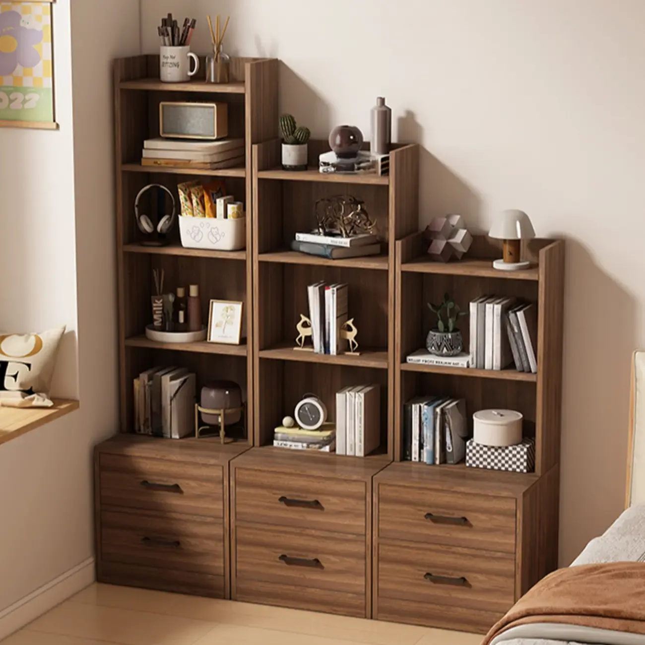 Multi-functional Wooden 5-Shelf Closed Back White Bookcase Image - 11