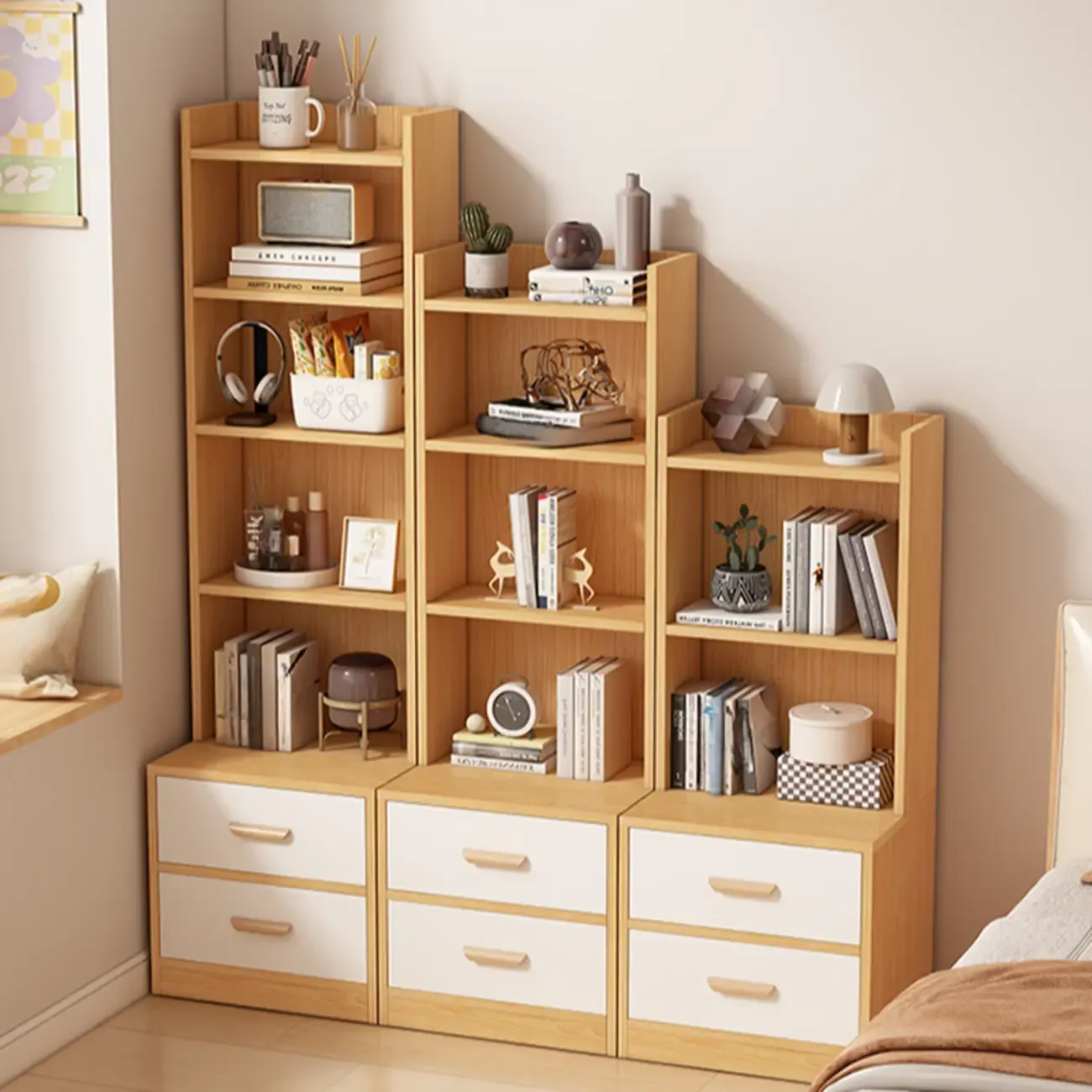 Multi-functional Wooden 5-Shelf Closed Back White Bookcase Image - 13