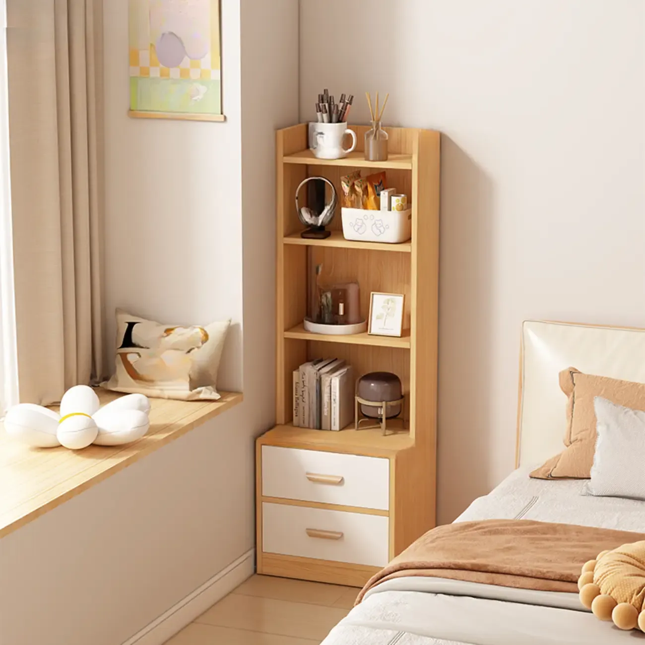 Multi-functional Wooden 5-Shelf Closed Back White Bookcase Image - 20