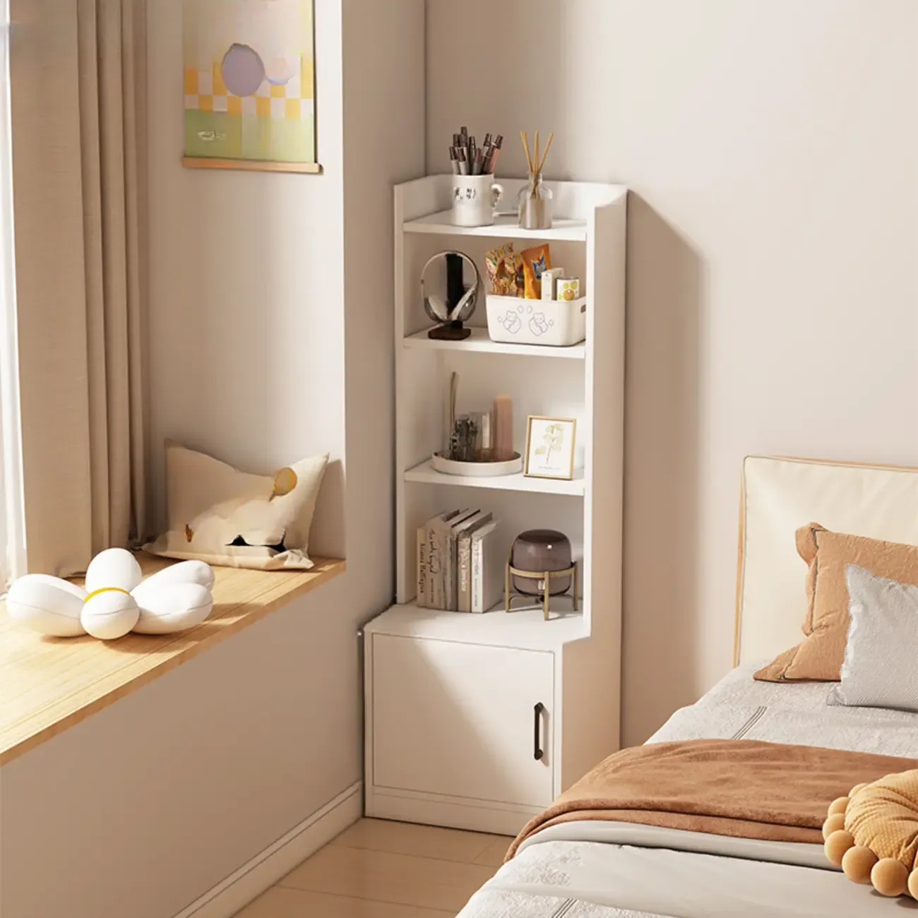 Multi-functional Wooden 5-Shelf Closed Back White Bookcase Image - 23