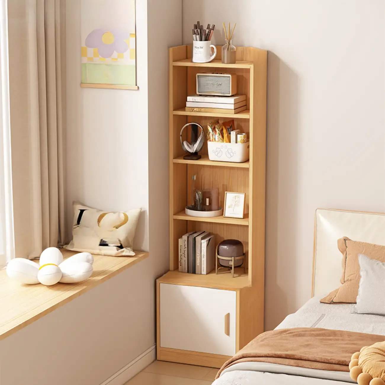 Multi-functional Wooden 5-Shelf Closed Back White Bookcase Image - 27