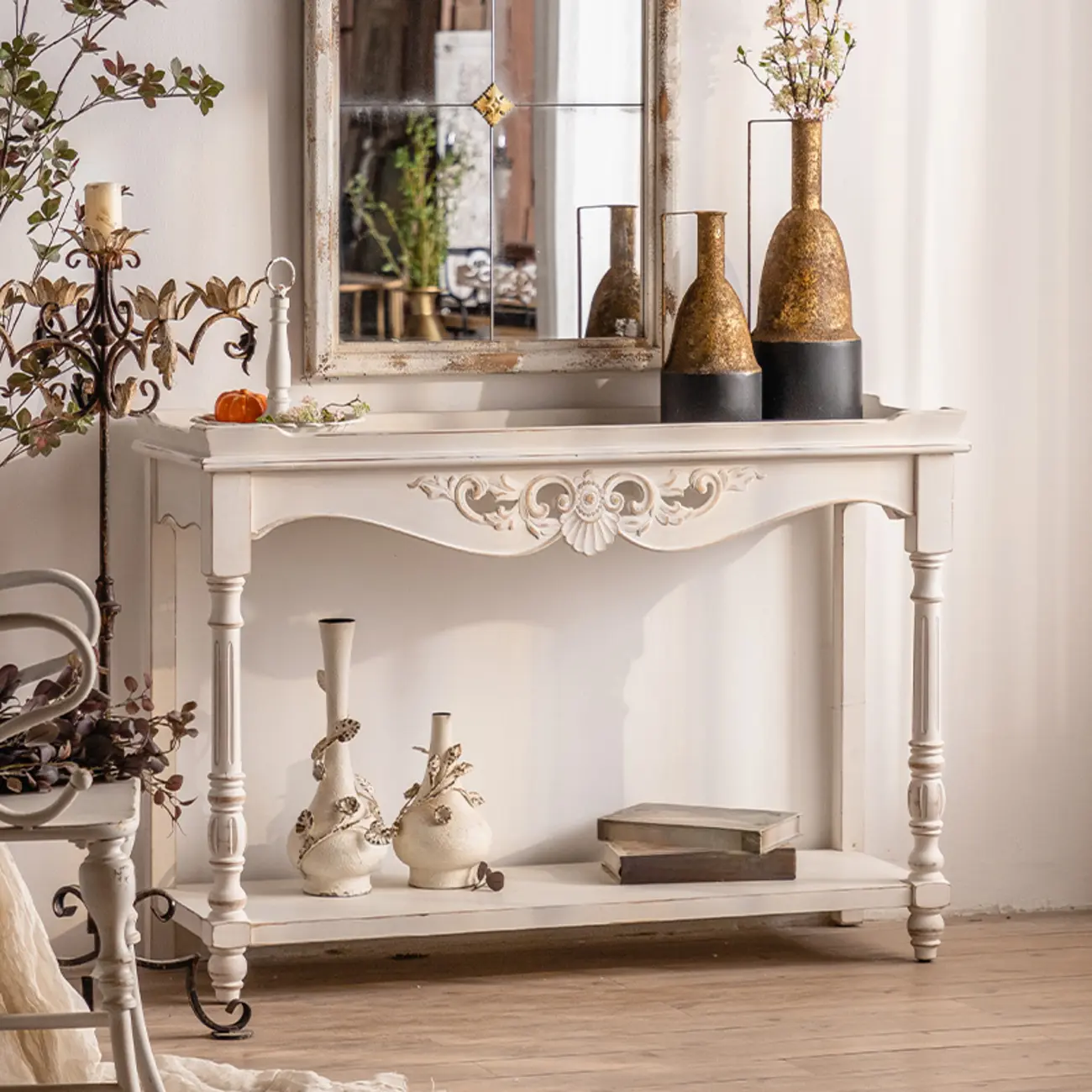 Rectangular White Wood Console Table with Floor Shelf Image - 1 | homeyfad