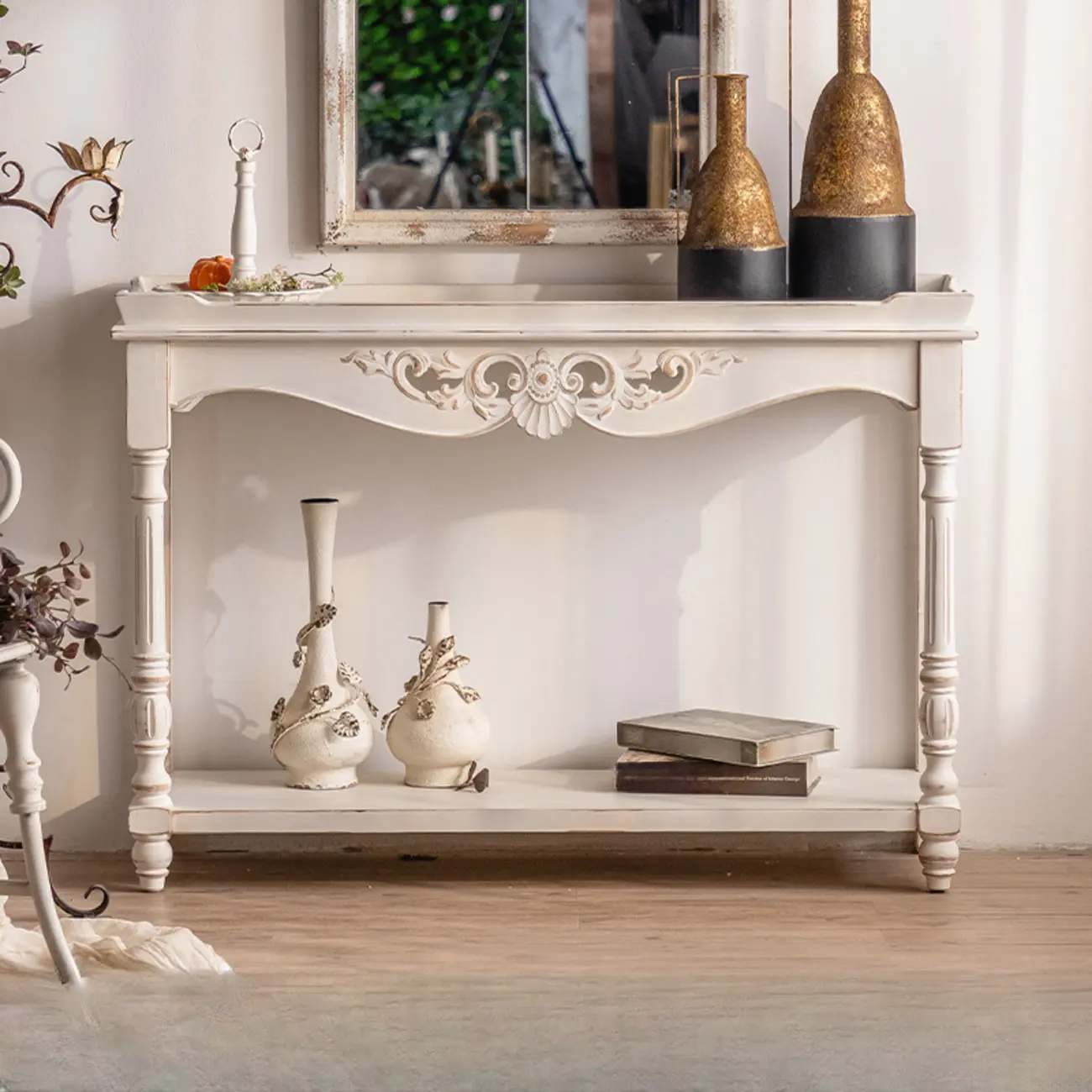 Rectangular White Wood Console Table with Floor Shelf Image - 2 | homeyfad