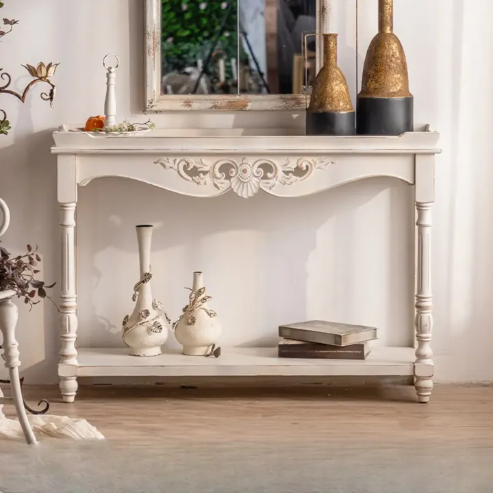 Rectangular White Wood Console Table with Floor Shelf