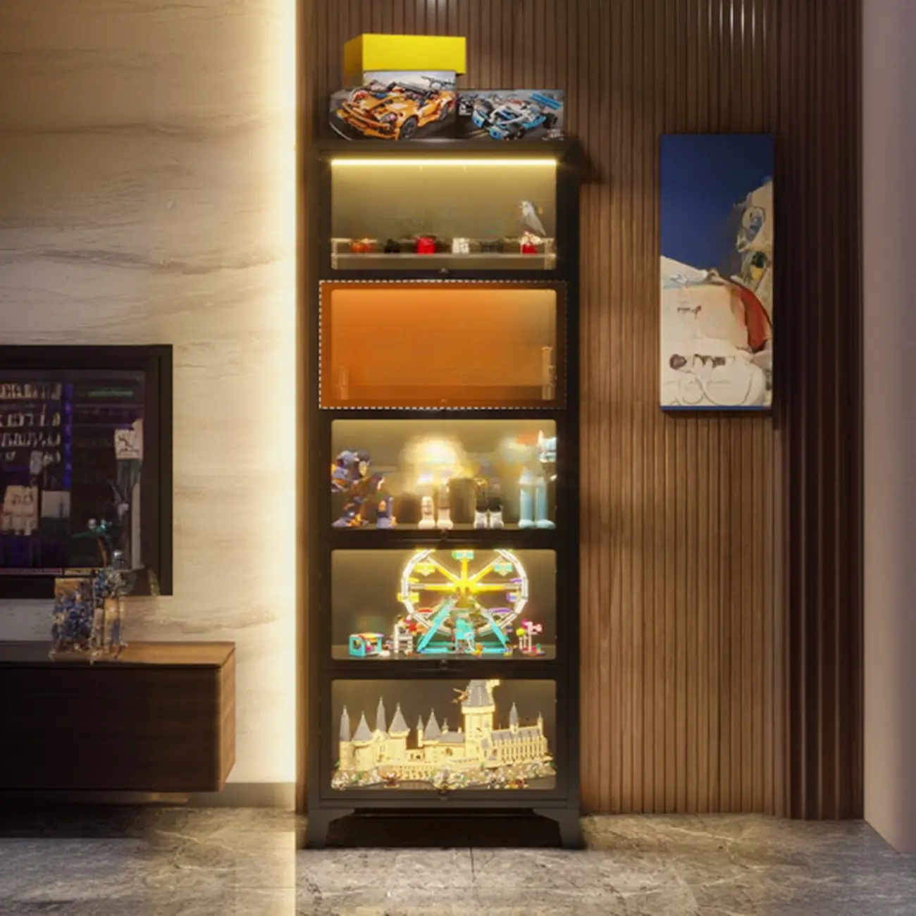 Modern 5 Shelves Glass Display Cabinets with LED Lighting Image - 2 | homeyfad