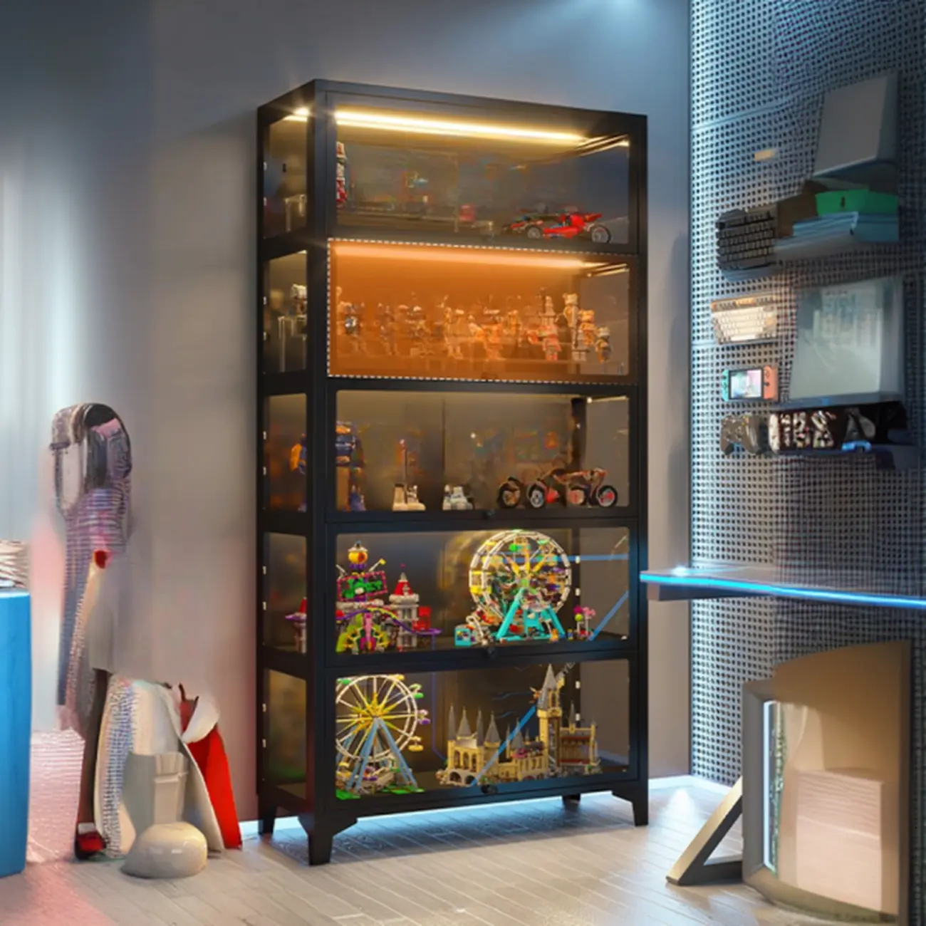 Modern 5 Shelves Glass Display Cabinets with LED Lighting Image - 8 | homeyfad