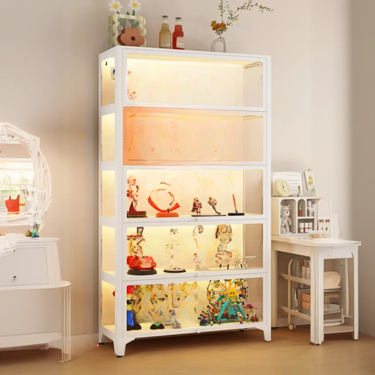 Modern 5 Shelves Glass Display Cabinets with LED Lighting Image - 13 | homeyfad