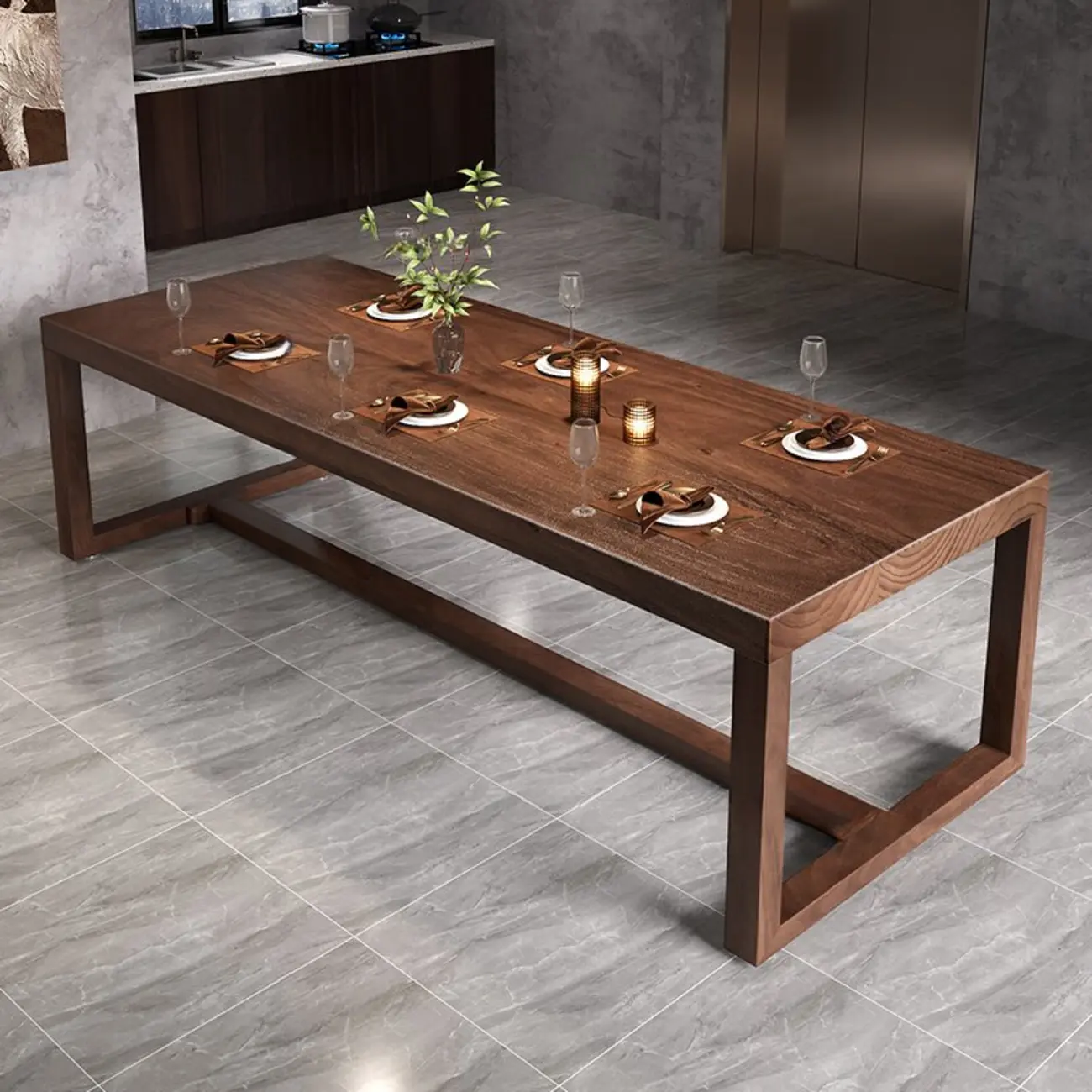 Modern Simple Brown Pine Wood Trestle Rectangle Dining Table Image - 1 | homeyfad