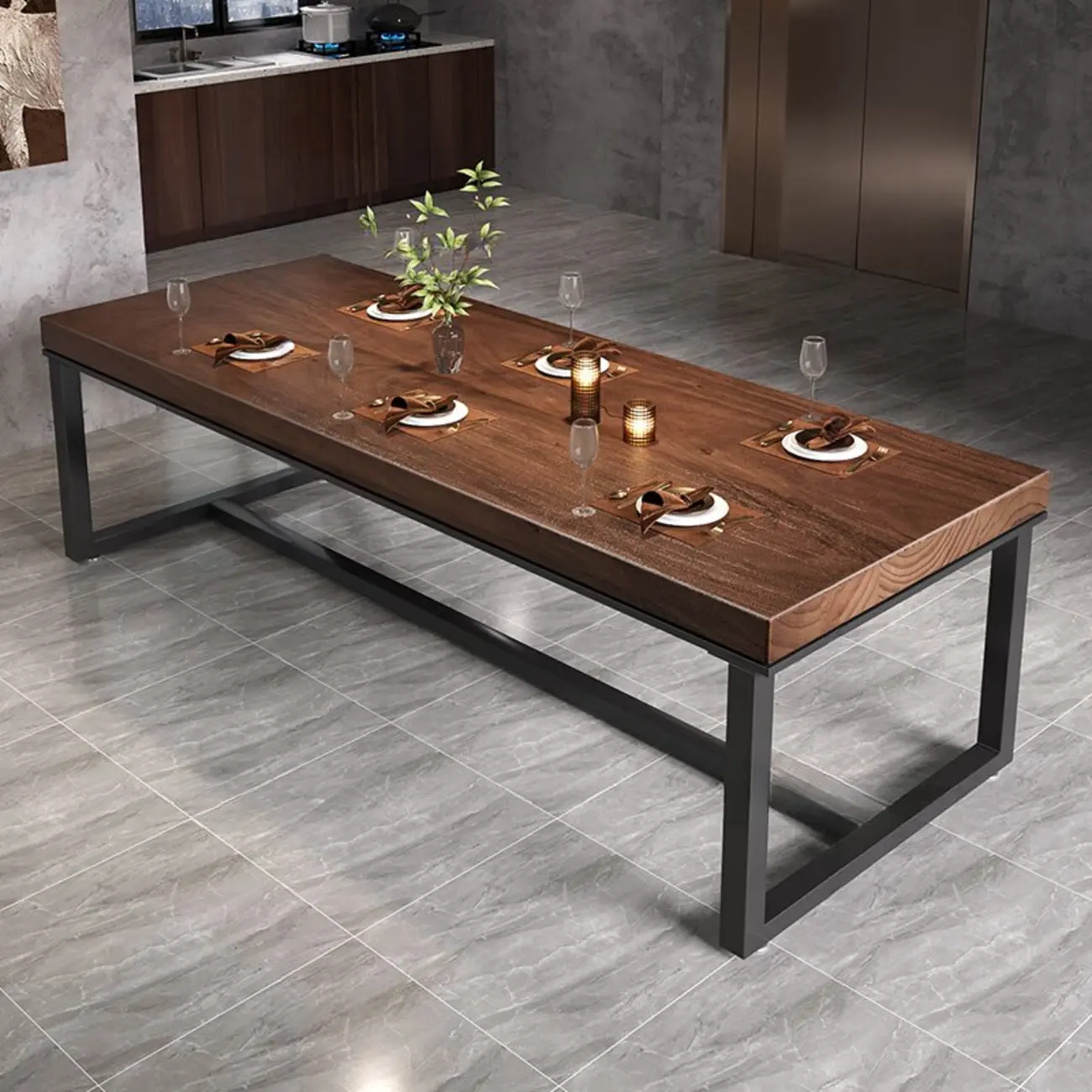 Modern Simple Brown Pine Wood Trestle Rectangle Dining Table Image - 2 | homeyfad