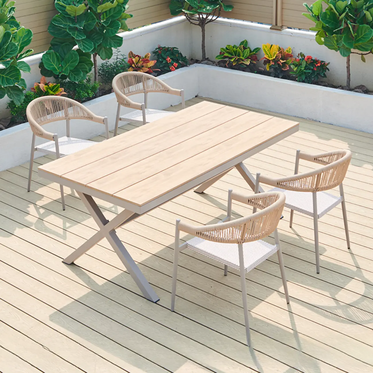 7 Piece Wood Wicker Patio Dining Set in Natural Finish Image - 2 | homeyfad