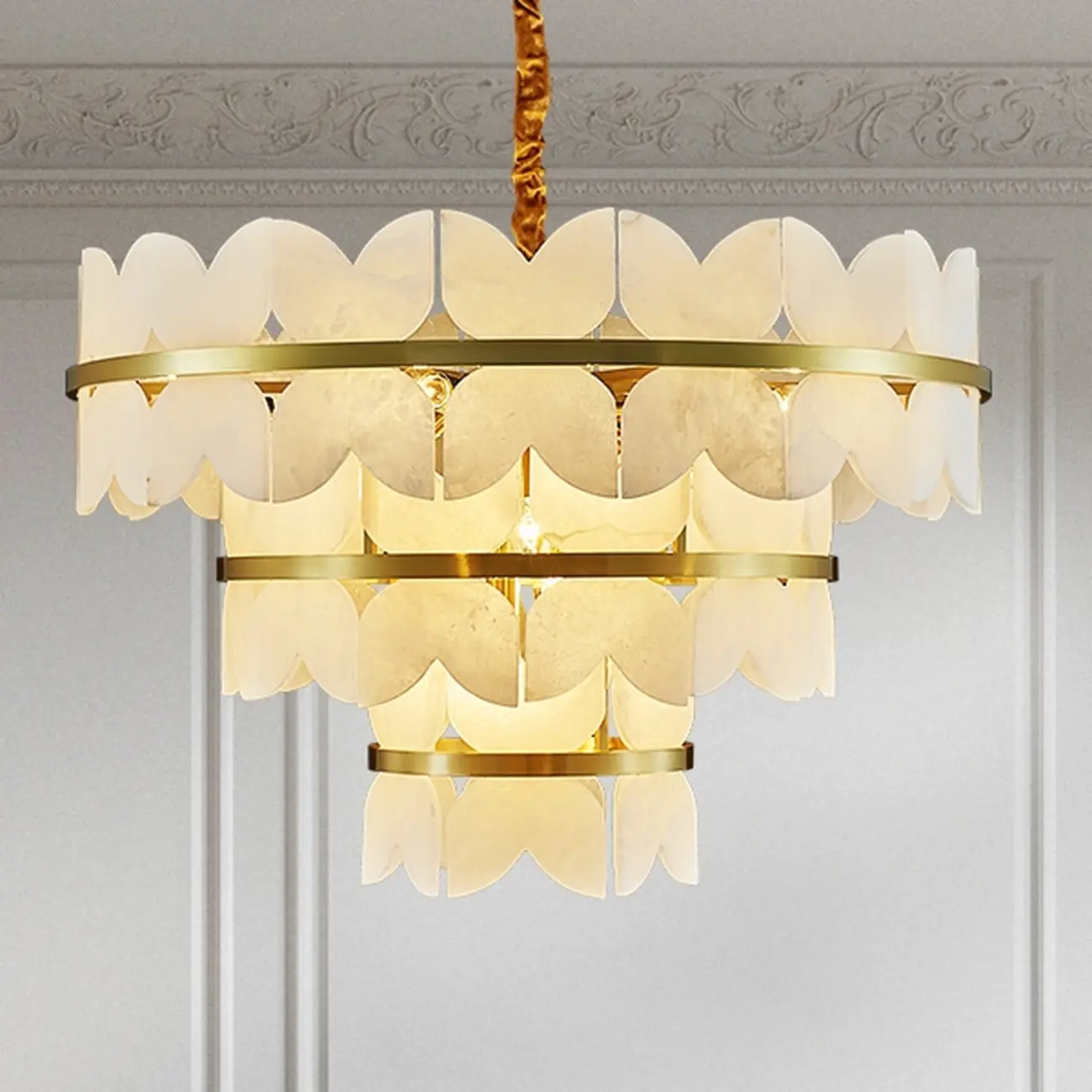Luxurious Round Gold Tiered Alabaster Chandelier Image - 1 | homeyfad