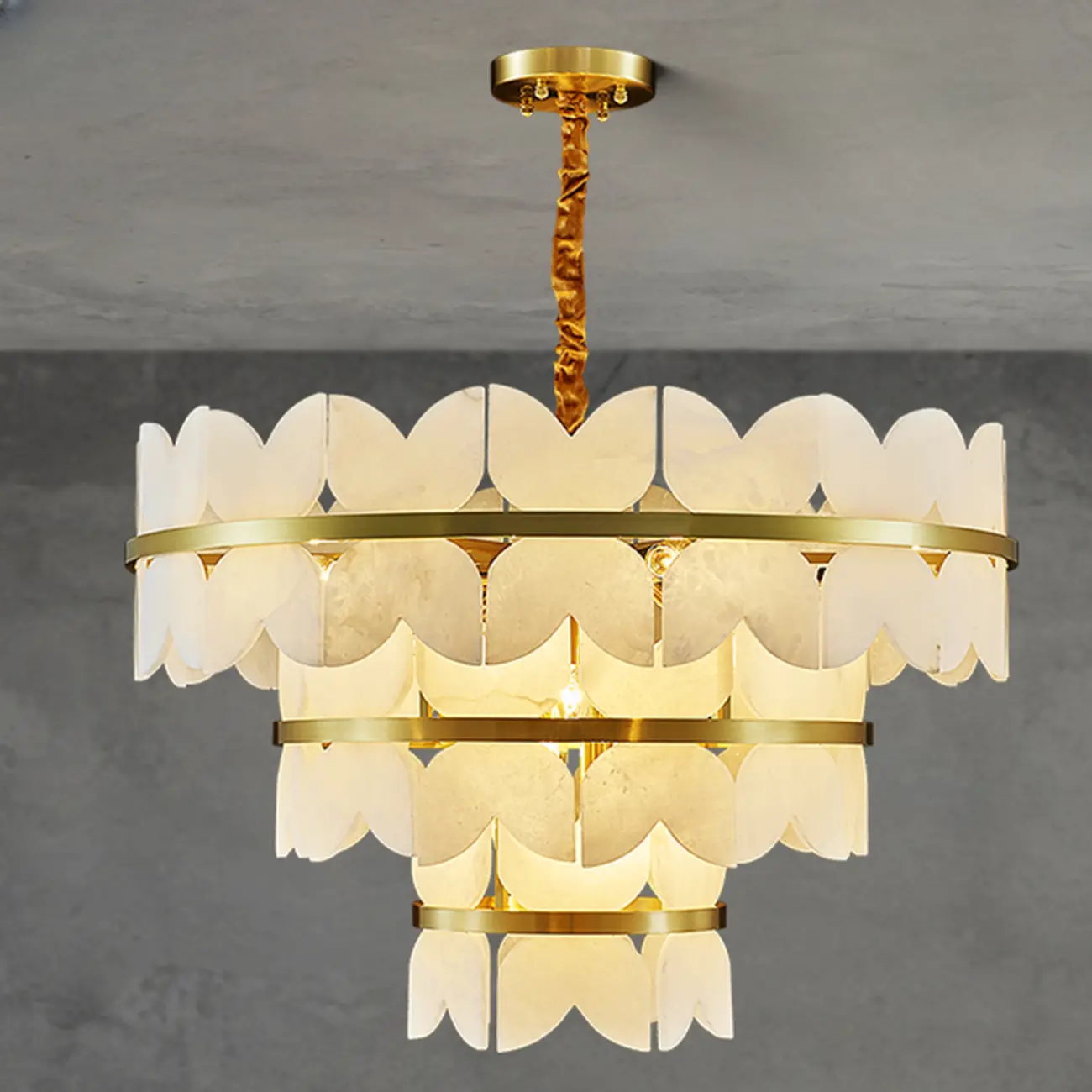 Luxurious Round Gold Tiered Alabaster Chandelier Image - 2 | homeyfad