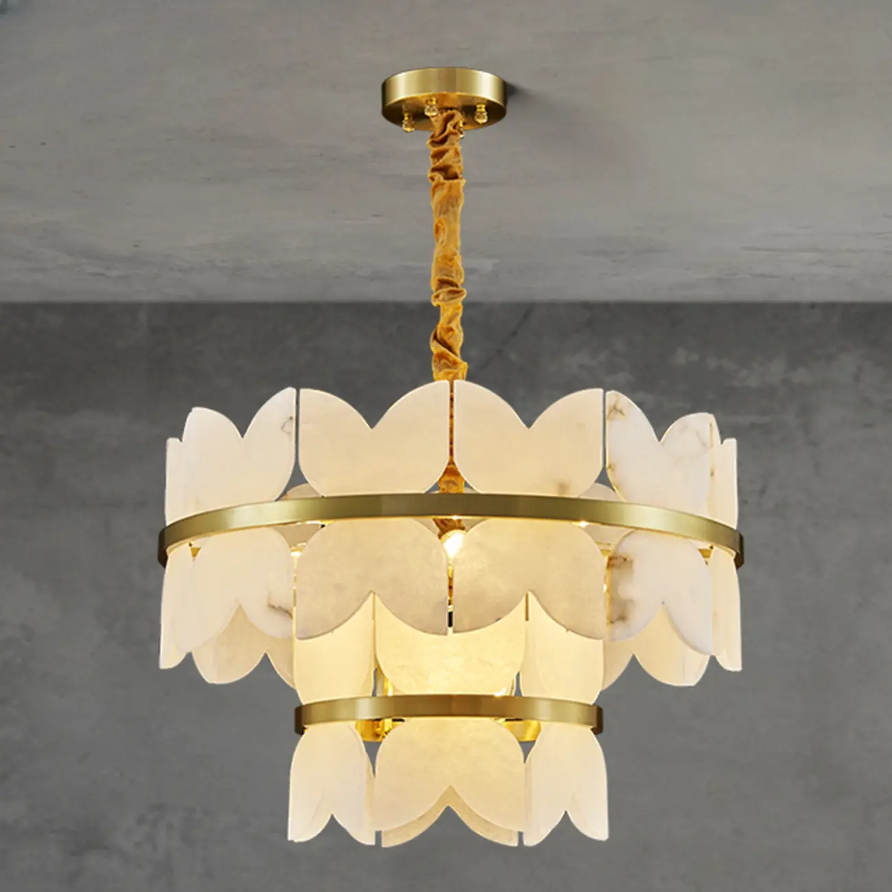 Luxurious Round Gold Tiered Alabaster Chandelier Image - 3 | homeyfad