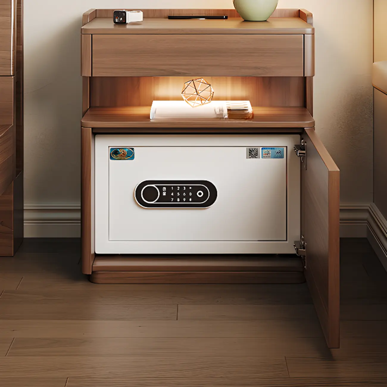 Multi-functional Nut-Brown Wood Lighting Smart Nightstand Image - 1 | homeyfad