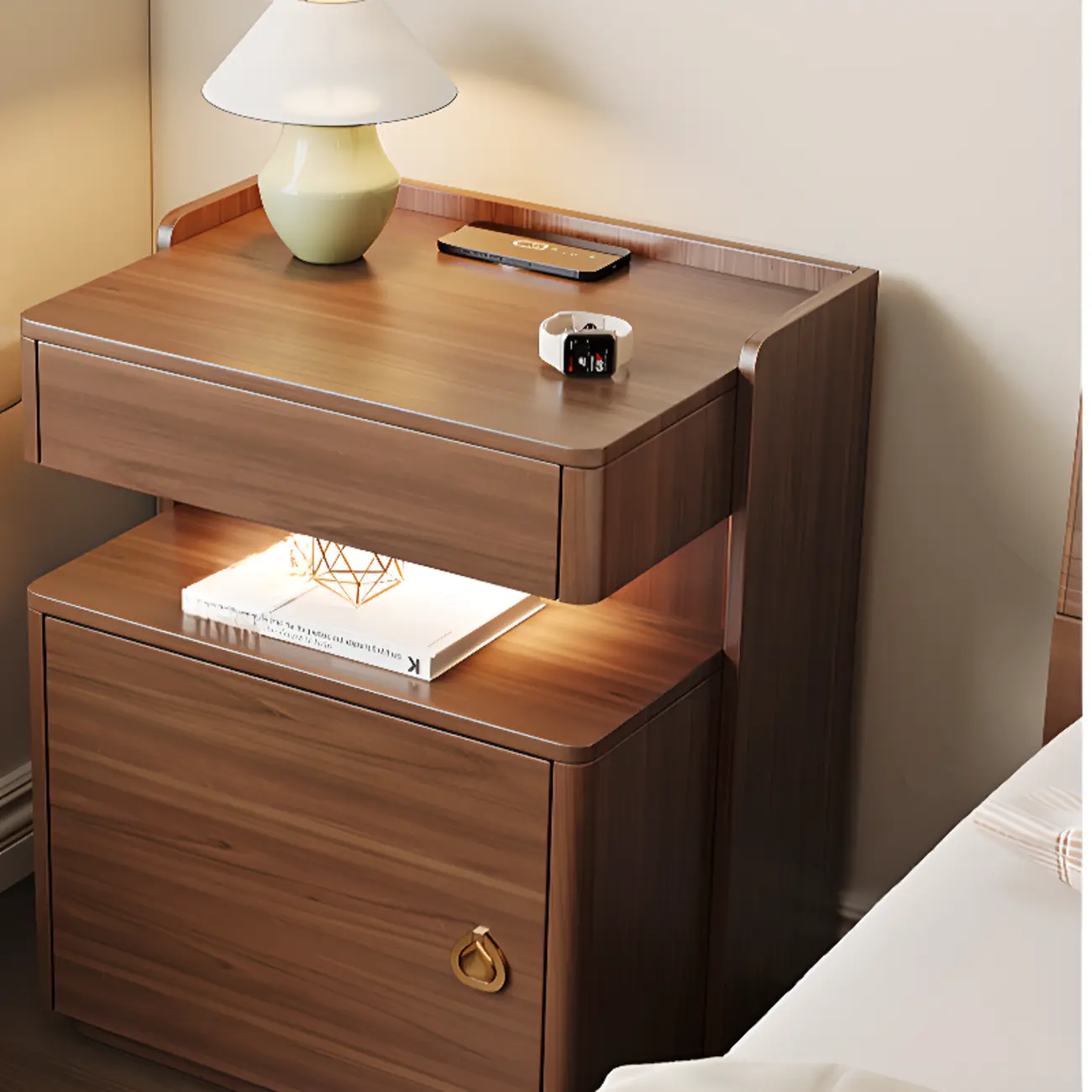 Multi-functional Nut-Brown Wood Lighting Smart Nightstand Image - 6 | homeyfad