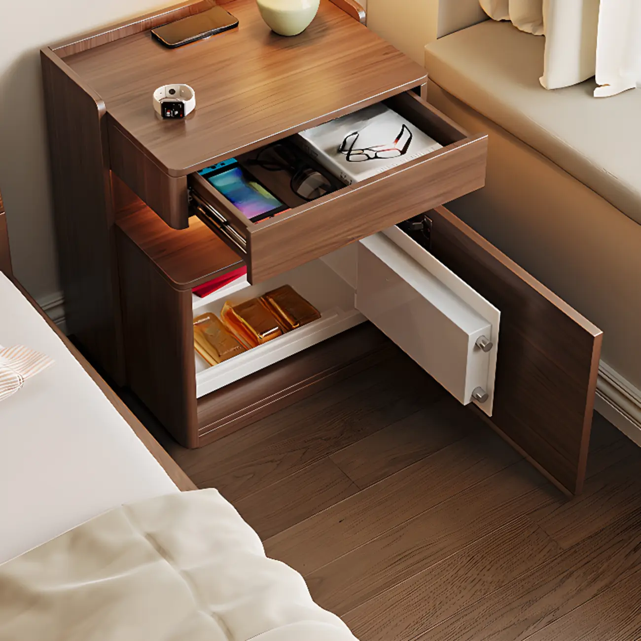 Multi-functional Nut-Brown Wood Lighting Smart Nightstand Image - 2 | homeyfad