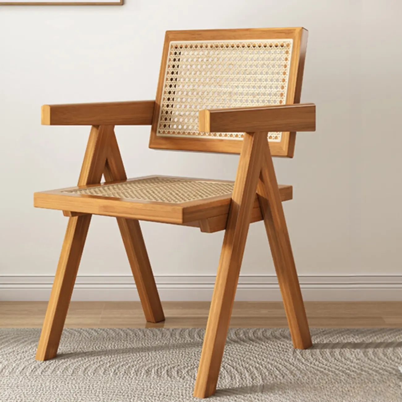 Modern Natural Wood Dining Chair with Armrest and Woven Seat Image - 1 | homeyfad