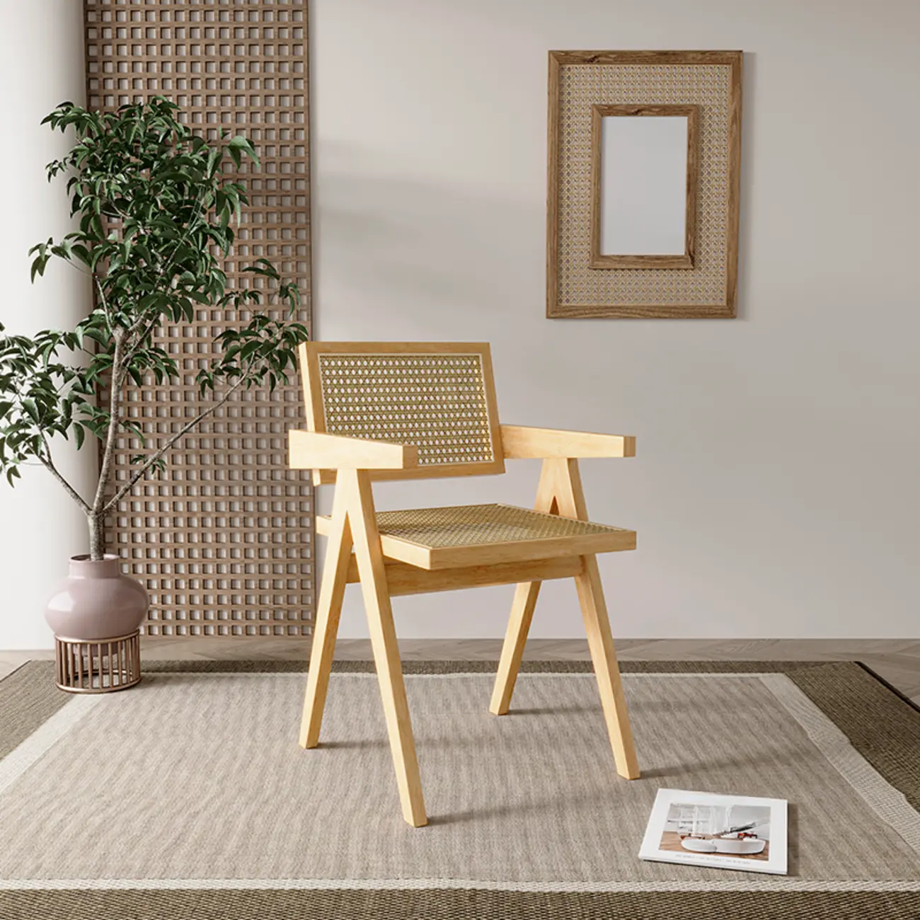 Modern Natural Wood Dining Chair with Armrest and Woven Seat Image - 2 | homeyfad