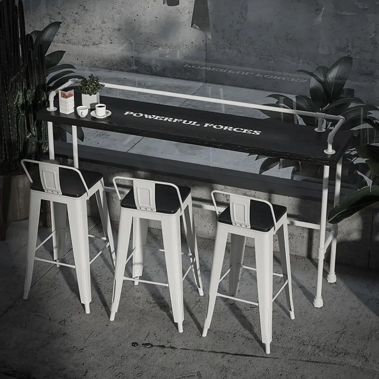 Rectangular Black Wood White Metal Four-Legged Bar Table Seat of 4 Image - 2 | homeyfad