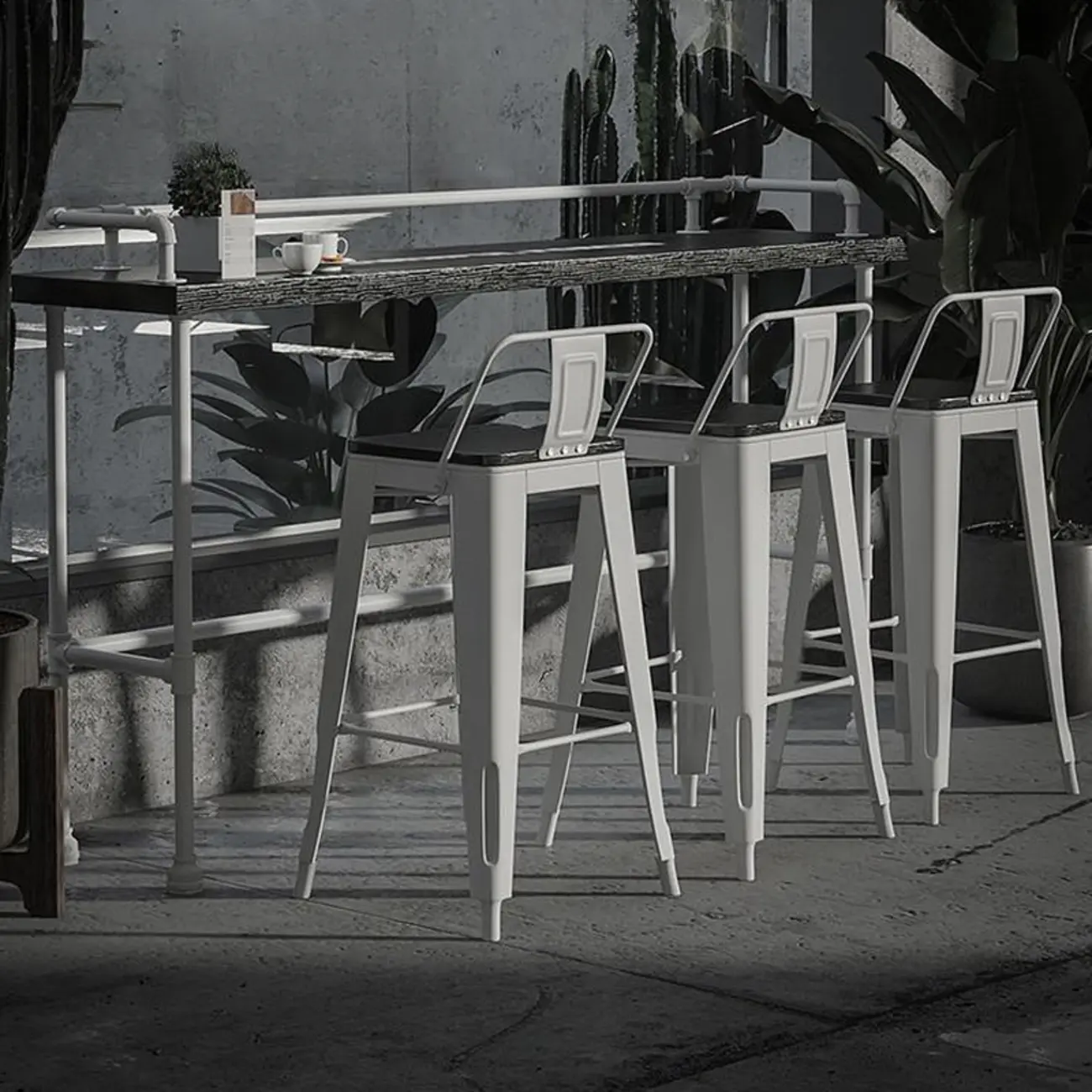 Rectangular Black Wood White Metal Four-Legged Bar Table Seat of 4 Image - 6 | homeyfad