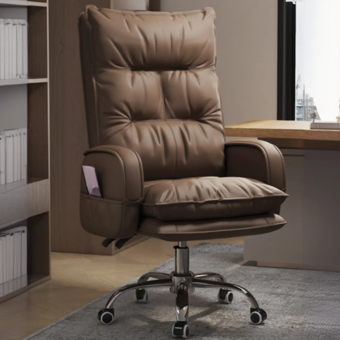 Adjustable Leather Coffee Lumbar Support Swivel Office Chair Image - 1 | homeyfad