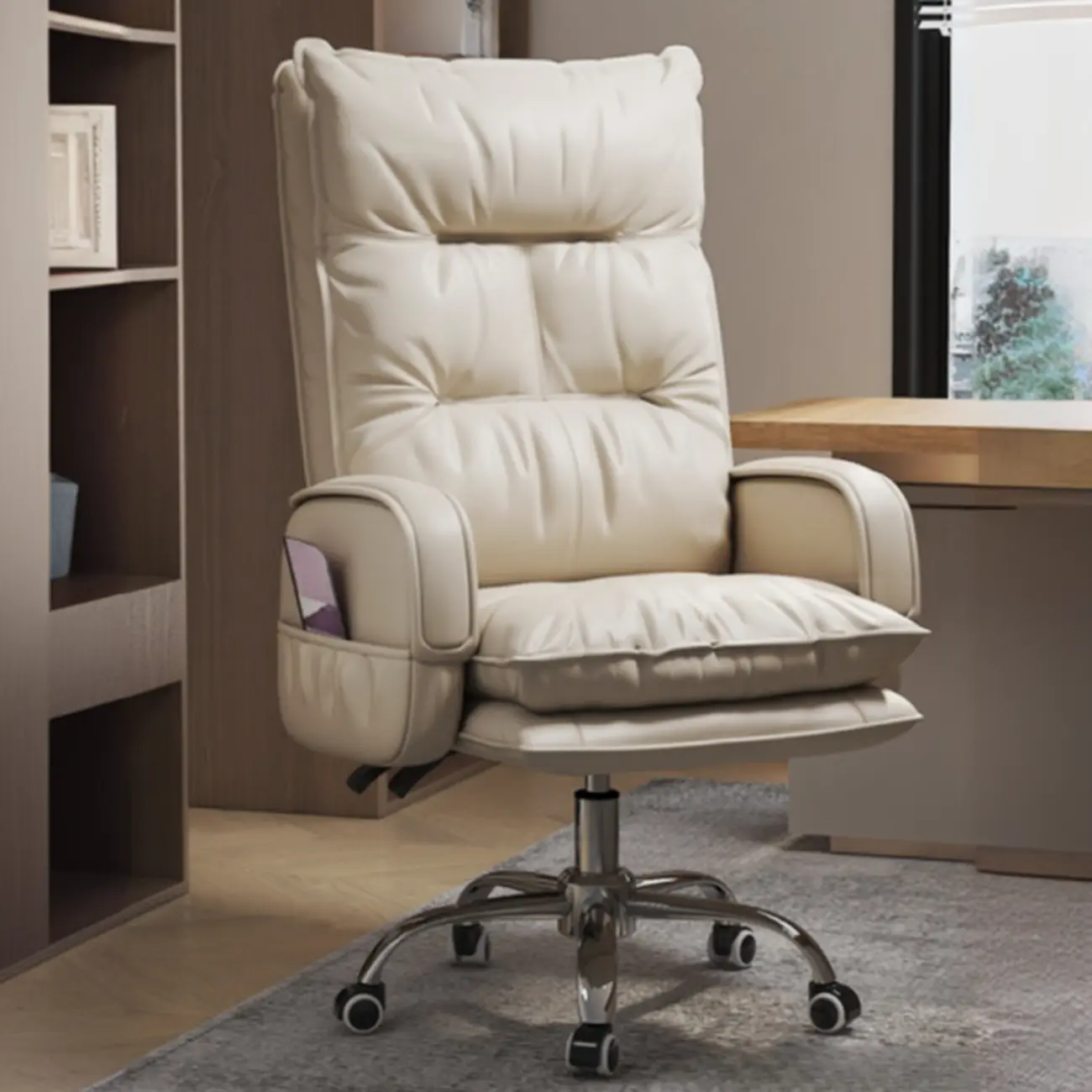 Adjustable Leather Coffee Lumbar Support Swivel Office Chair Image - 2 | homeyfad