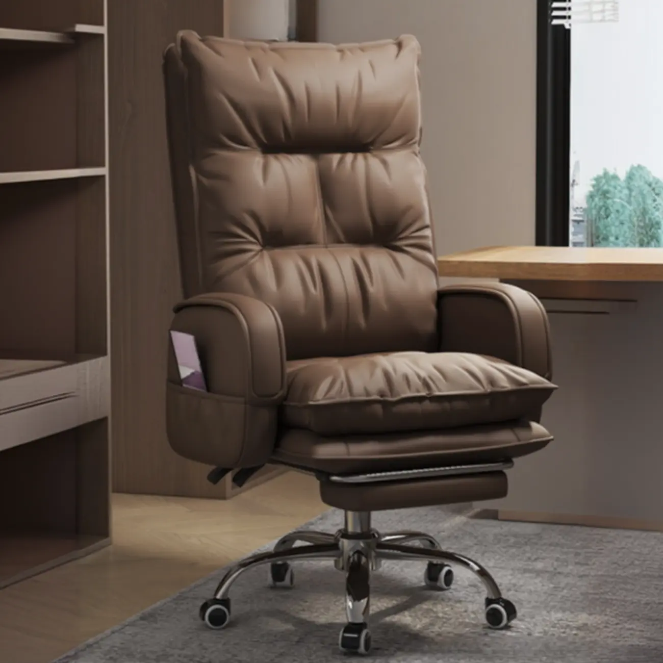 Adjustable Leather Coffee Lumbar Support Swivel Office Chair Image - 8 | homeyfad