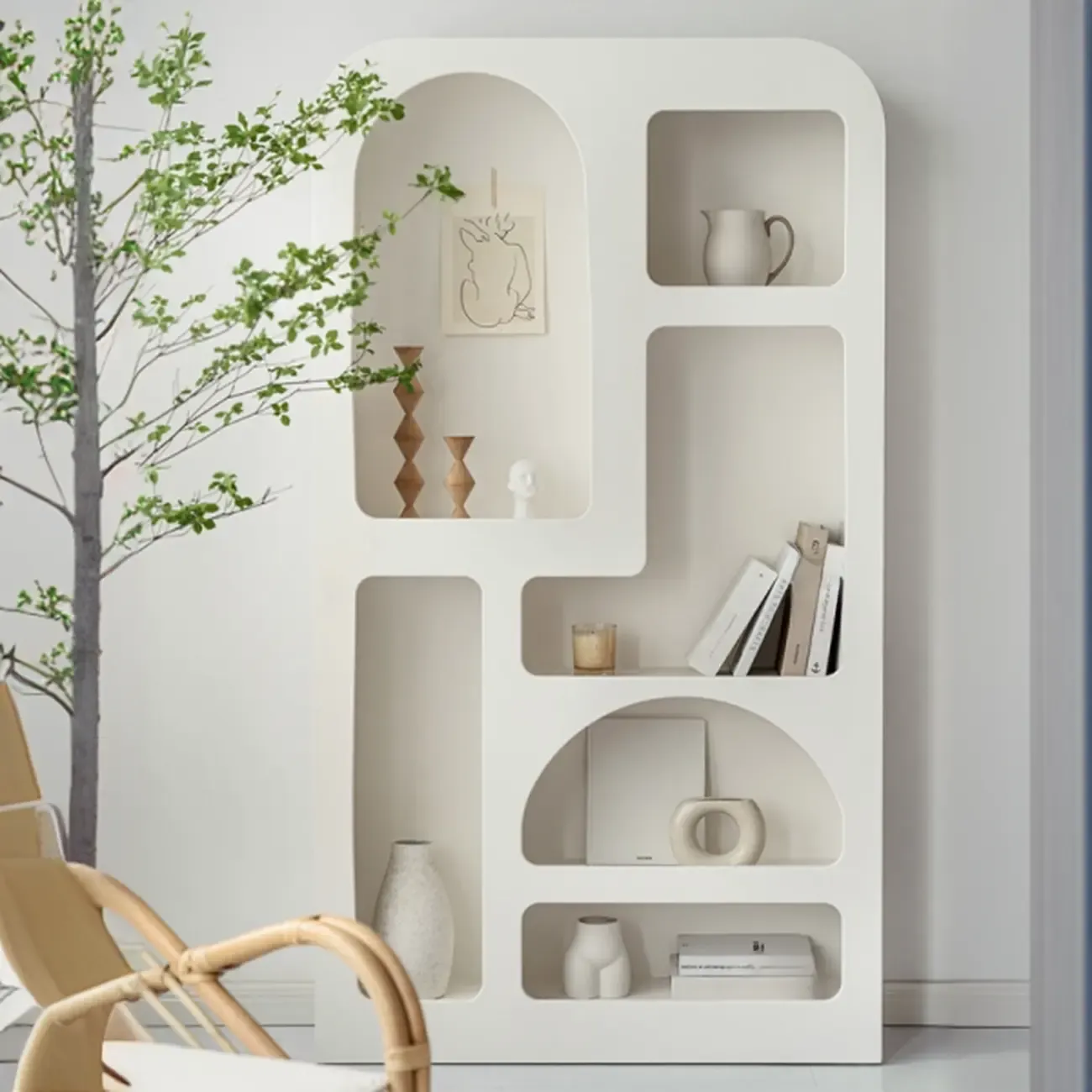 White Wooden Dining Hutch Display Cabinet with Shelves Image - 2