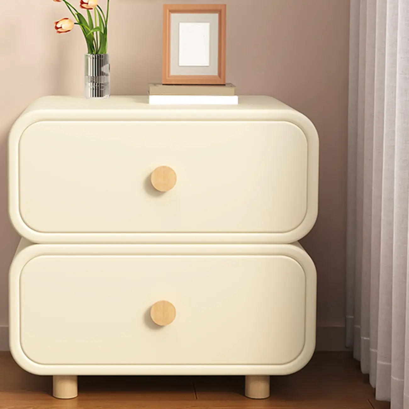 Bedroom Off-White Wooden Two Drawer Nightstand Image - 3 | homeyfad